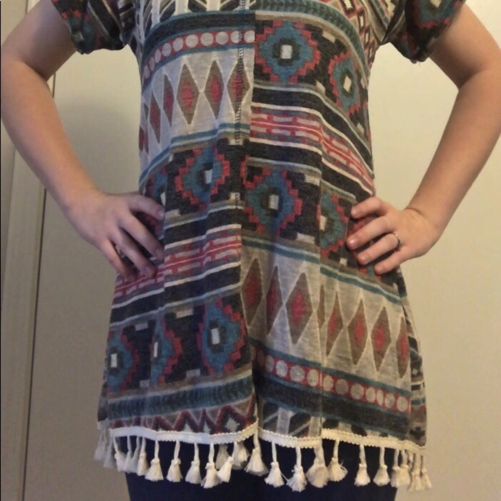 Multi Color Fall Aztec Print Boutique Top w Fringe